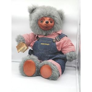 VTG Robert Raikes Signed Huckle Bear 5446 3494/7500 Overalls Check Shirt Wood